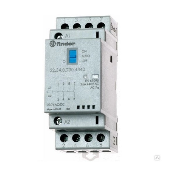 223402304320 | Контактор, 4НО, 25 А, 230В AC/DC, мех.индикатор + LED, AgSnO2, Finder