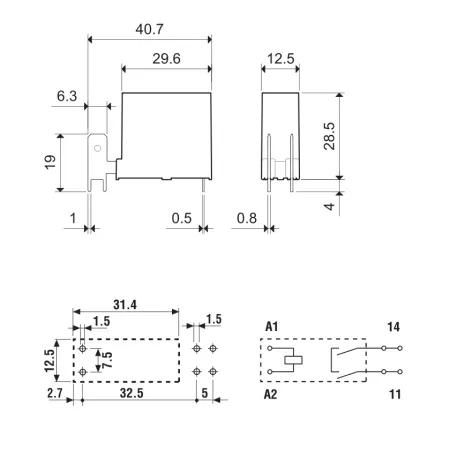 459170120310 | Миниатюрное реле, серия 45, 12В DC чувств., 16А, 1NO, Finder