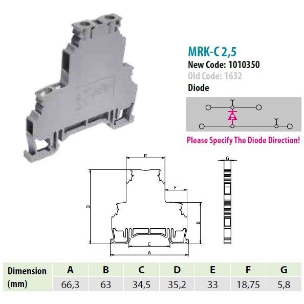 1010350A | Клеммник 2-х ярусный, 2,5 мм.кв., с диодом. (серый) (вверх), 1632A, Onka