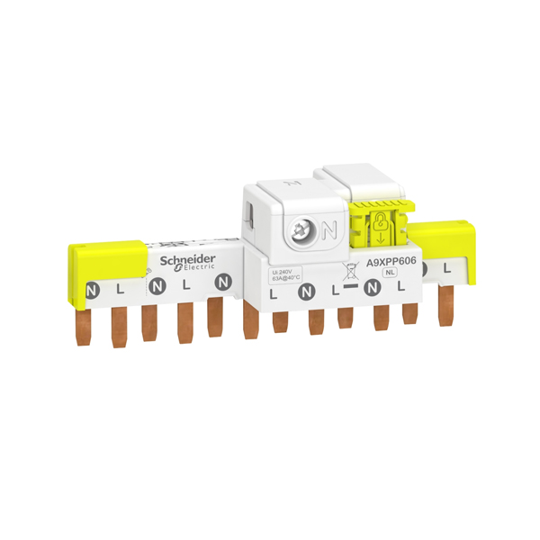 A9XPP606 | Шинка гребенчатая 1Р+N, шаг 9мм, 63А, 6 модулей с вводной клеммой, Schneider Electric