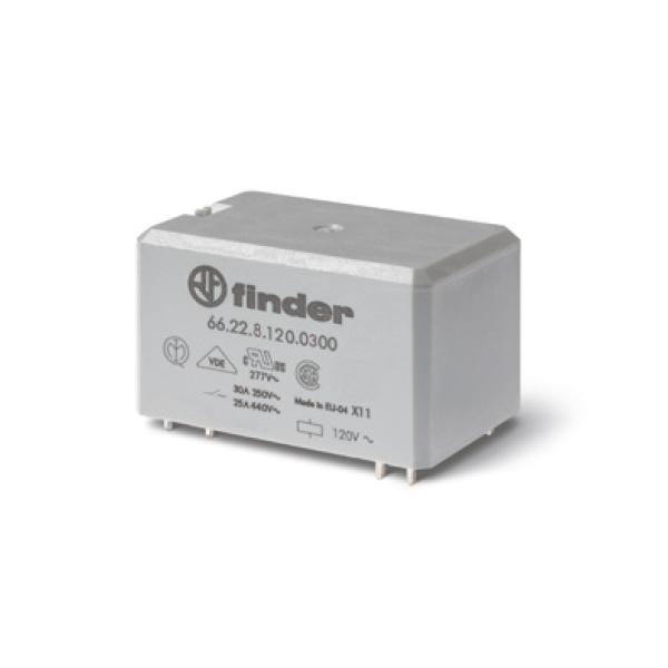 662282301300 | Реле для монтажа на печатную плату серии 66.22, управление 230В AC, контакты AgNi 2NO 30А, Finder