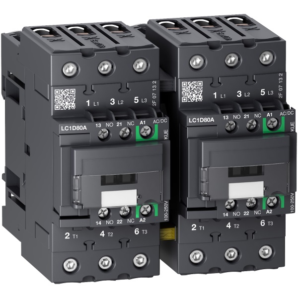 LC2D80AKUE | Контактор реверсивный, серия Tesys D Green, 3P, 80 А, AC3, 1 НО +1 НЗ, 100-250В AC/DC, Schneider Electric