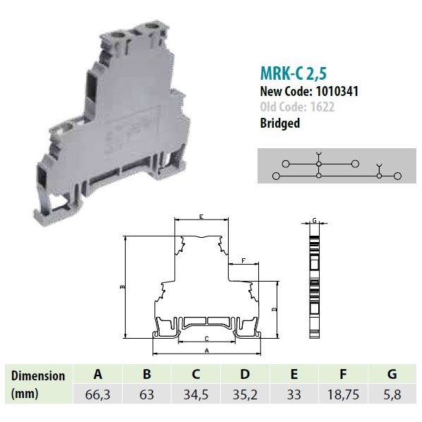 1010341 MRK 2,5CK | Клеммник 2-х ярусный, 2,5 мм.кв., с внутр.перемычкой. (серый), 1622, Onka 