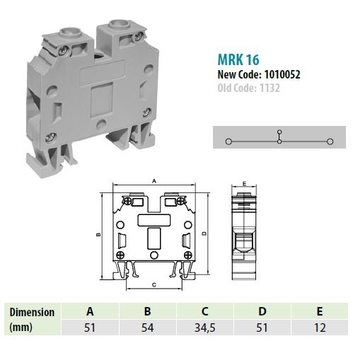1052 MRK 16N | Клеммник на DIN-рейку 16мм.кв. (высокий) (серый),1052 ( заменен на on1010052 ), Onka 
