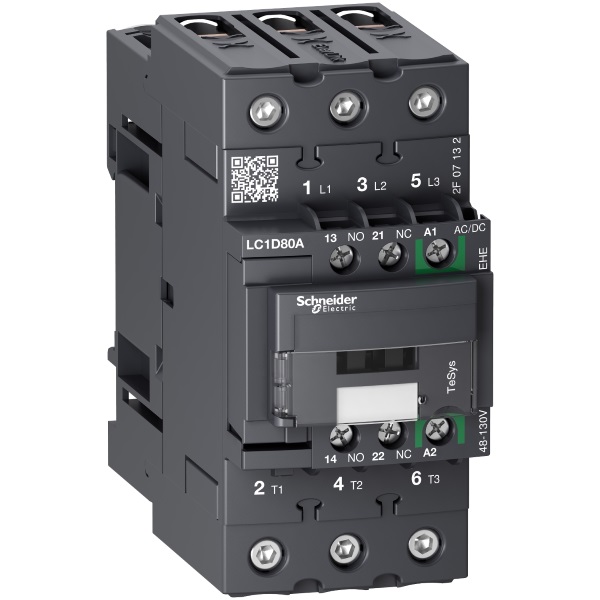 LC1D80AEHE | Контактор, серия Tesys D Green, 3P, 80 А, AC3, 1 НО +1 НЗ, 48-130В AC/DC, Schneider Electric