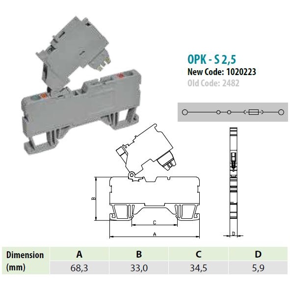 1020254 | Клеммник пруж.быстрозажимной (Push in) с держ.предохр.(5х20), 2,5 мм.кв., с ин, Onka
