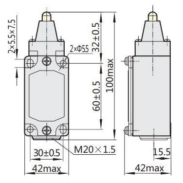 439025 | Выключатель путевой YBLX-K3/20S/Z с толкателем, Chint