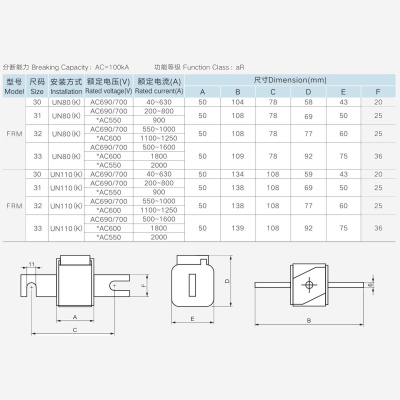 FRM30UN110K AC690 315A |  | Быстродействующий предохранитель 315 A, AC690, aR, под болт, расст. 110 мм, сигнализатор