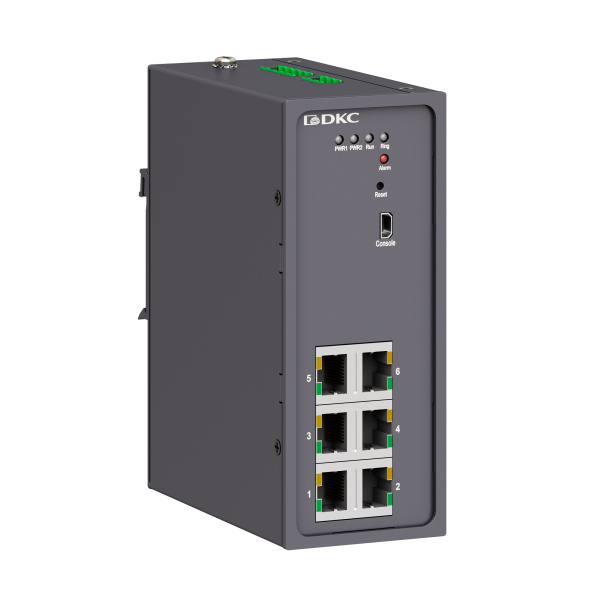 dkcN2000-6T-P1 | Промышленный управляемый коммутатор, 6×10/100Base-T(X) портов RJ45, консольный порт Mini USB, 24-48В, DKC