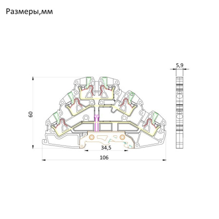 1020174 | OPK 2,5-3CT; Клеммник (Push in) 3-х ярусный,1. с конт. на DIN-рейку, 2,5 мм.кв., (серый)(1872), Onka
