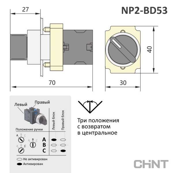 574852 | Переключатель NP2-BD53, 3 положения, самовозврат, 2НО, IP40, Chint