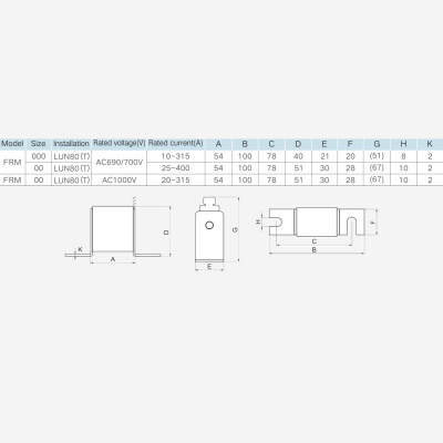 FRM000LUN80T AC690/DC440 40A |  | Быстродействующий предохранитель 40 A, AC690/DC440, aR, под болт, расст. 80 мм