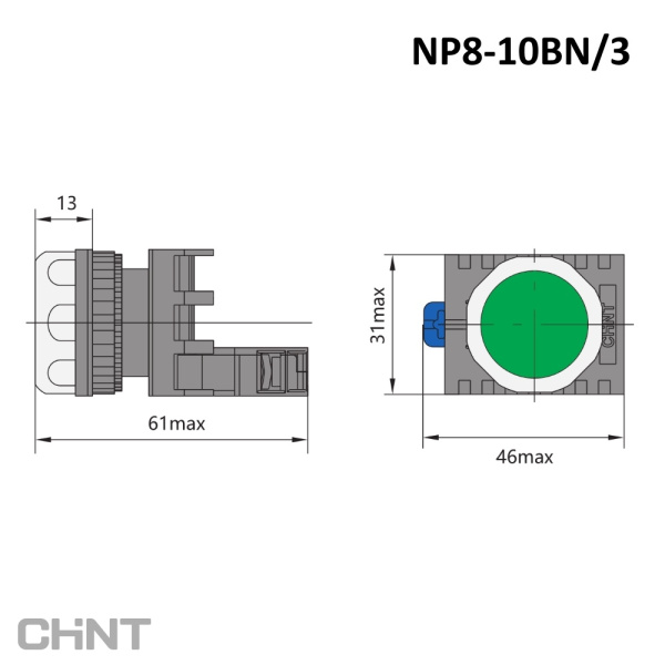 667232 | Кнопка NP8-10BN/3 зелёная, 1НО, IP65, Chint