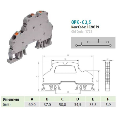 1020382 | OPK 2,5-2CO | Клеммник 2-х ярусный пружинный быстрозажимной (Push in), 2,5 мм.кв. (низкий, не устанав, Onka
