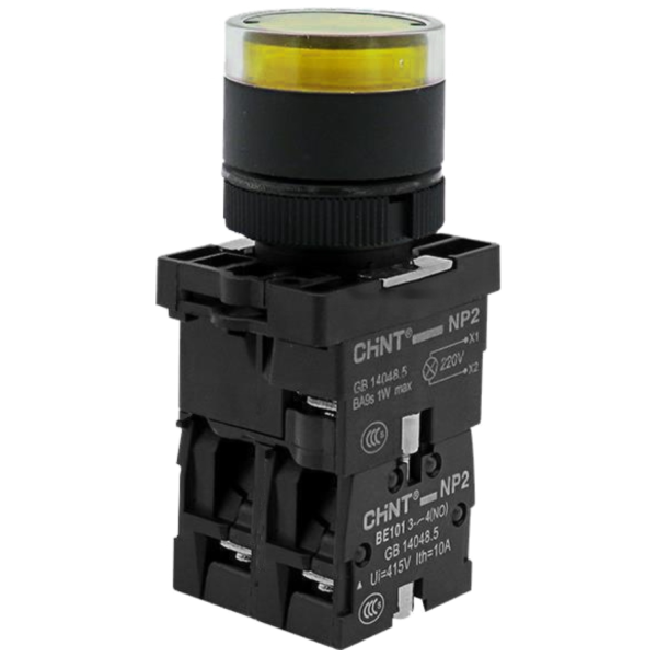 574738 | Кнопка NP2-EW3565 выступающая 1НО+1НЗ жёлтая, подсветка LED 230В AC/DC, IP40, Chint