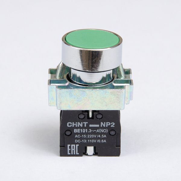 573763 | Кнопка NP2-BA35, зелёная, металл, 1НЗ+1НО, IP40, Chint