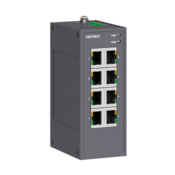 dkcN1000-8T-P2 | Неуправляемый коммутатор, 8×10/100Base-T(X) портов RJ45, 12-48В DC/18-30В AC, с резервированием, DKC