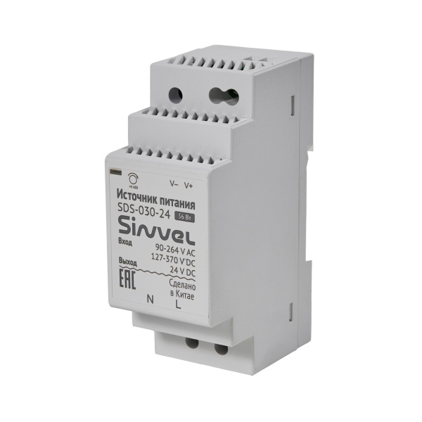 Блок питания модульный 36Вт, вход 90-264В AC, 127-370В DC; выход 24В DC, пластиковый корпус, Sinvel, SDS-030-24