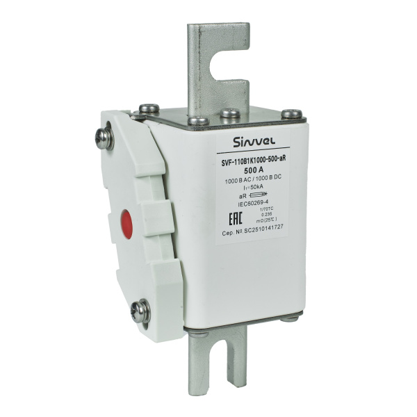 SVF-110B1K1000-500-aR | Предохранитель, 500 А, 1000 В DC / 1000 В AC, aR, ножи под болт, габ 1, монт расст 110 мм, Sinvel 