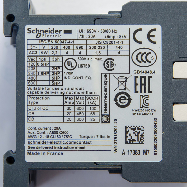 LC1K0910M7 | Контактор, серия Tesys K, 3P, 9 А, AC3, 1 НО, 220В AC, Под винт, Schneider Electric
