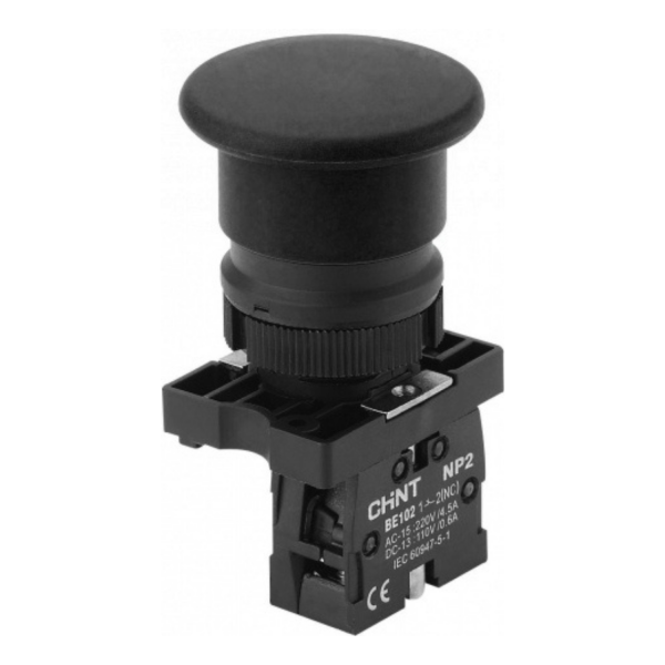 573844 | Кнопка грибок диаметр 40мм, самовозврат, NP2-EC22 чёрная, 1НЗ, Chint