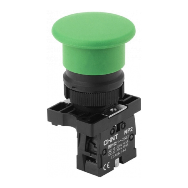 573839 | Кнопка грибок диаметр 40мм, самовозврат NP2-EC32, зелёная, 1НЗ, IP40, Chint