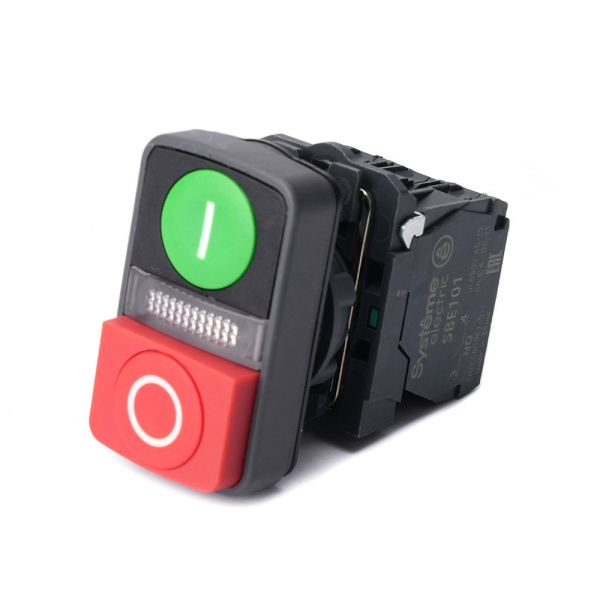 SB5AW73731M5 | Кнопка двойная, зел плоск "I", красн выступающ "О", бел центр, пластик, подсветка 230В АС, 1НО+1НЗ, Systeme Electric