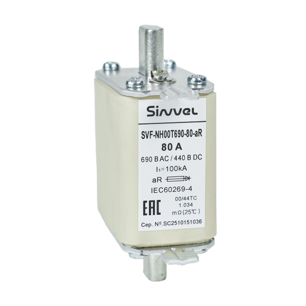 SVF-NH00T690-80-aR | Предохранитель, 80 А, 690 В AС, aR, габарит 00, ножи, Sinvel 
