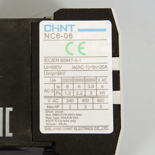 247440 | Контактор NC6-0610 6А 230В 1НО 50Гц, Chint