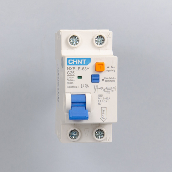 105544 | Дифференциальный автомат NXBLE-63Y 1P+N 25А 30мА электронный тип AС, характеристика C, 4,5кА, Chint
