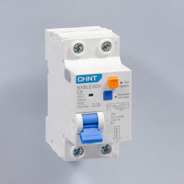 105540 | Дифференциальный автомат NXBLE-63Y 1P+N 6А 30мА электронный тип AС, характеристика C, 4,5кА, Chint