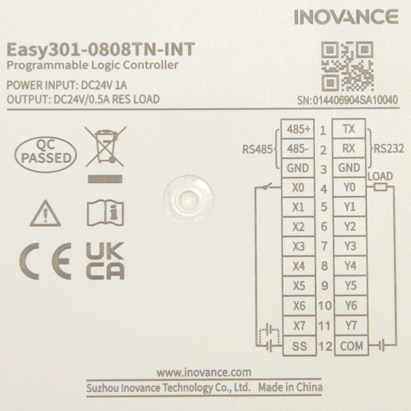 Easy301-0808TN | ПЛК Easy301, 8 входов PNP/NPN, 8 выходов NPN, 1x RS485, 1x RS232, 1x USB, 4 сервооси , Inovance