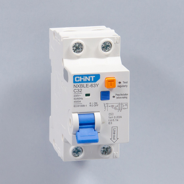 105545 | Дифференциальный автомат NXBLE-63Y 1P+N 32А 30мА электронный тип AС, характеристика C, 4,5кА, Chint