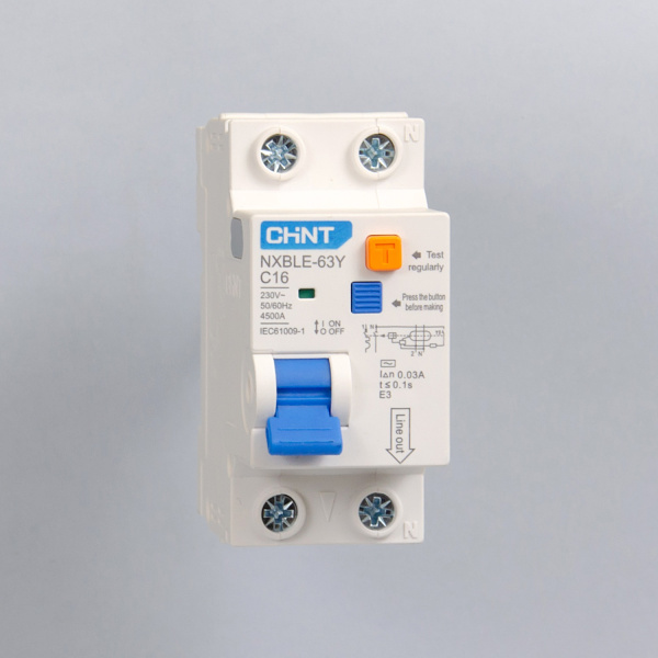 105542 | Дифференциальный автомат NXBLE-63Y 1P+N 16А 30мА электронный тип AС, характеристика C, 4,5кА, Chint