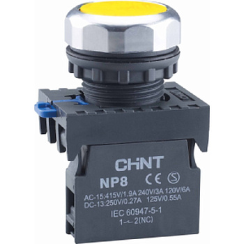 667549 | Кнопка упр. NP8-11BND/5 подсветка, самовозв, желтый, AC110-230В(LED), 1НО+1НЗ, IP65 (Аналог ch667125, Chint