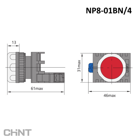 667231 | Кнопка NP8-01BN/4, самовозврат, красная, 1НЗ, IP65, Chint