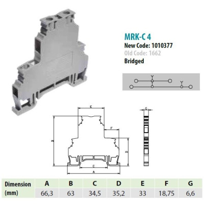 1010380 | MRK 4CK | Клеммник 2-х ярусный, 4 мм.кв., с внутр.перемычкой. (синий), 1665, Onka 
