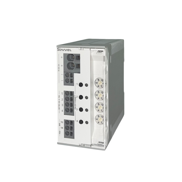 Автоматический выключатель 24В DC, 4 канала 2...10 А, сигнализация - сухие контакты, Sinvel, SECB-N-04-24-10