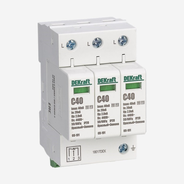 18017DEK | Ограничитель перенапряжений 3P 40кА класс C 440В, Dekraft