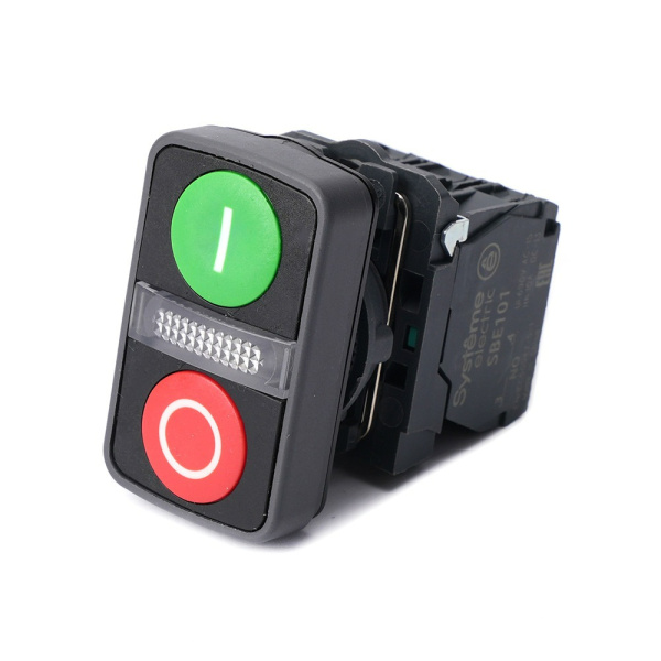 SB5AW7A3741M5 | Кнопка двойная плоск, чёрн обод, зел "I", крас "О", бел центр, пластик, подсветка 230В АС, 1НО+1НЗ, Systeme Electric