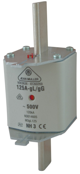 N3016605 | Плавкая вставка 500А, размер NH3, хар-ка gG, 500В АС с комбииндикатором, Jean Muller 