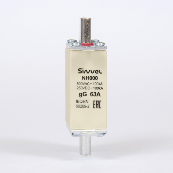FNH000S-63 | Предохранитель 63 A, габарит 000, gG, 500 B AC/ 250 B DC, боёк, Sinvel 