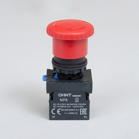 667129 | Кнопка грибок диаметр 40мм NP8-11ZS/14 фиксация возврат поворотом, красная, 1НО+1НЗ, IP65, Chint