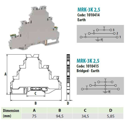 1010414 | MRK 2,5-3KKT | Клеммник 3-х ярусный  2,5мм.кв. 1 с заземлением. (серый)MRK 2,5-3KKT; Клеммник 3-х яру, Onka 
