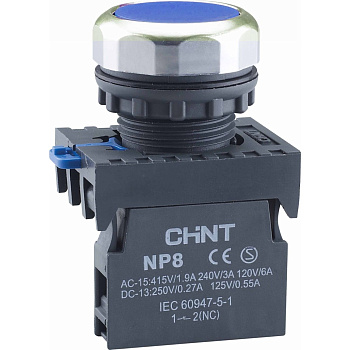 667582 | Кнопка упр. NP8-01BND/6 подсветка, самовозв, синий AC110-230В(LED), 1НЗ, IP65, Chint