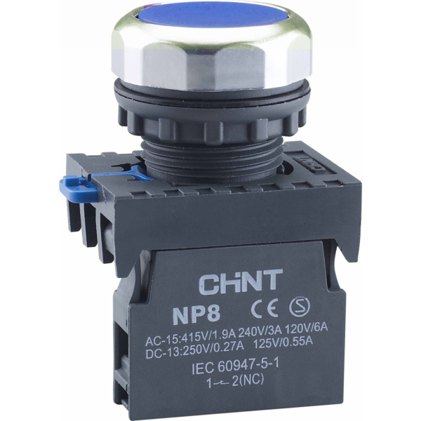 667582 | Кнопка упр. NP8-01BND/6 подсветка, самовозв, синий AC110-230В(LED), 1НЗ, IP65, Chint
