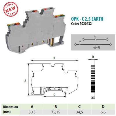 1020432 | OPK 2,5-2CT1 | Клеммник пруж.быстрозажимной (Push in) 2-хярусный,1. с конт. на DIN-рейку, 2,5 мм.кв.,, Onka
