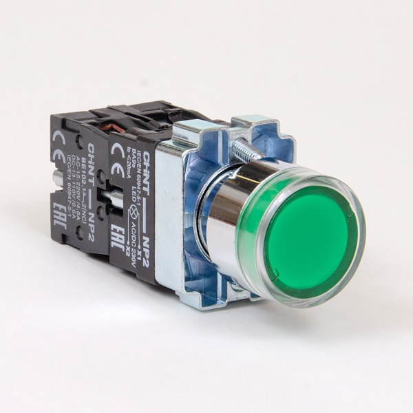 574365 | Кнопка NP2-BW3265, 1НО+1НЗ, зелёная, металл, подсветка LED 230В AC/DC, IP40, Chint