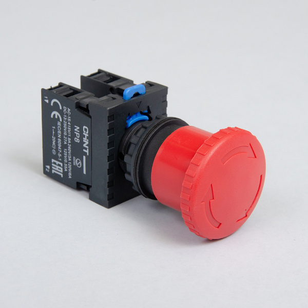 667129 | Кнопка грибок диаметр 40мм NP8-11ZS/14 фиксация возврат поворотом, красная, 1НО+1НЗ, IP65, Chint