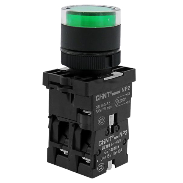 574736 | Кнопка NP2-EW3365 выступающая 1НО+1НЗ зелёная, подсветка LED 230В AC/DC, IP40, Chint